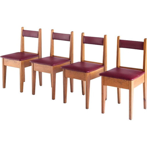 Ensemble de 4 chaises vintage en chêne et eskai, France 1960s