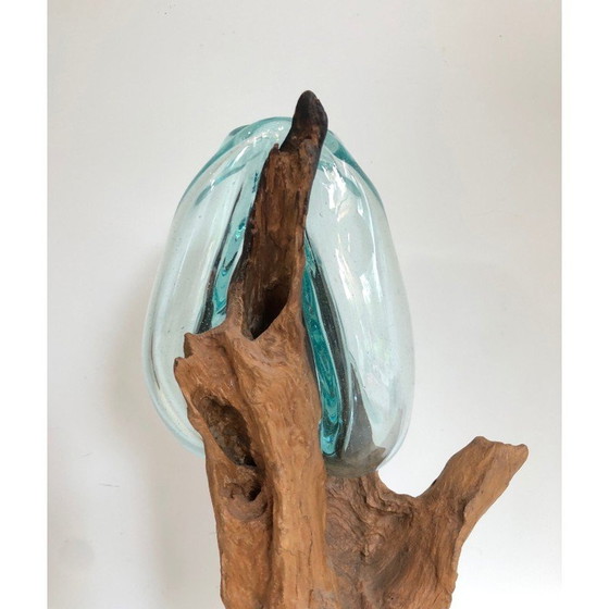 Image 1 of Paire de vases vintage en bois et verre, France 1980