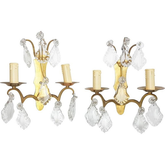 Image 1 of Paire d'appliques vintage en bronze et cristal