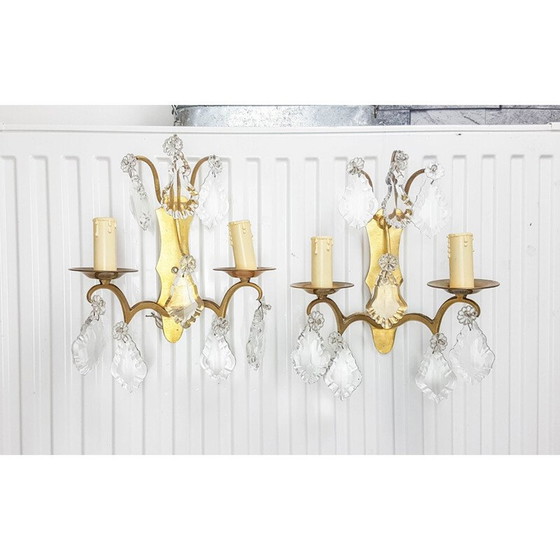 Image 1 of Paire d'appliques vintage en bronze et cristal