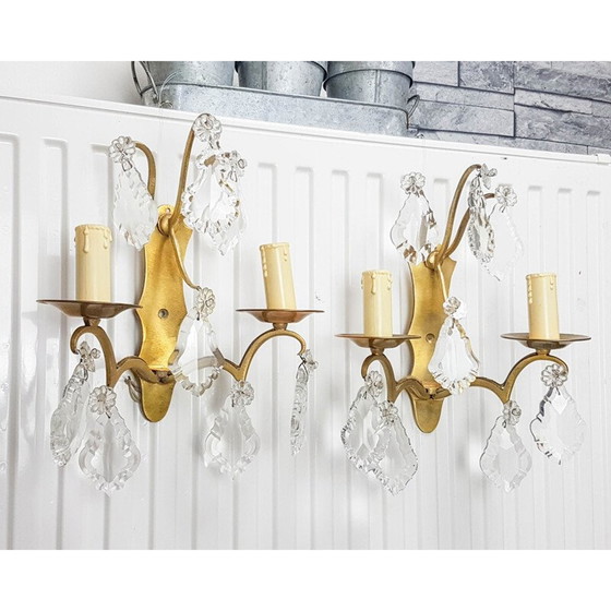 Image 1 of Paire d'appliques vintage en bronze et cristal
