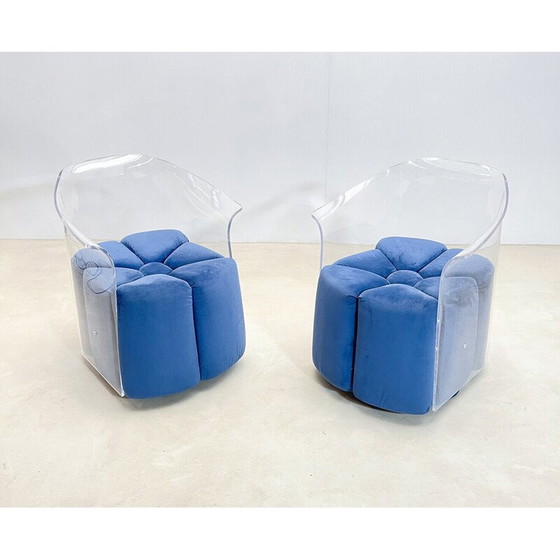 Image 1 of Paire de fauteuils en velours bleu et lucite du milieu du siècle, Italie, années 1970