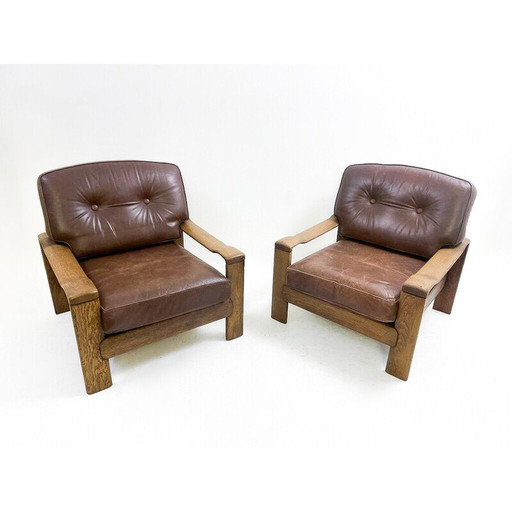 Paire de fauteuils vintage en cuir et bois de chêne, 1960