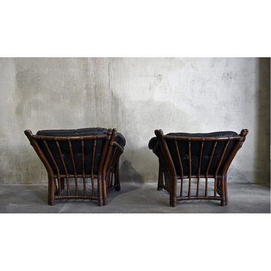 Image 1 of Paire de chaises vintage en cuir et rotin 1970
