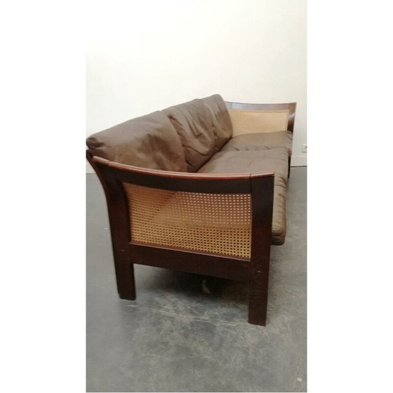 Image 1 of Canapé scandinave vintage en rotin et cuir par Thams Kvalitet pour Polstermobelfabrik, 1960s