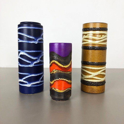 Ensemble de 3 vases vintage en terre cuite "TUBE" de Scheurich, Allemagne 1970