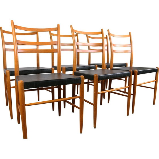 Image 1 of Ensemble de 6 chaises vintage en orme et en skaï noir par Yngve Ekstrom pour Gemla, Suède 1960