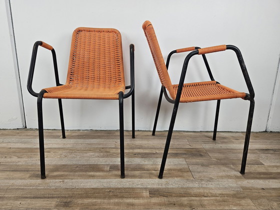 Image 1 of Chaises de bar des années 1960 en fer et plastique tissé orange