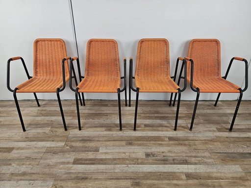 Chaises de bar des années 1960 en fer et plastique tissé orange