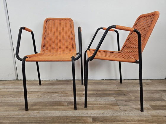 Image 1 of Chaises de bar des années 1960 en fer et plastique tissé orange