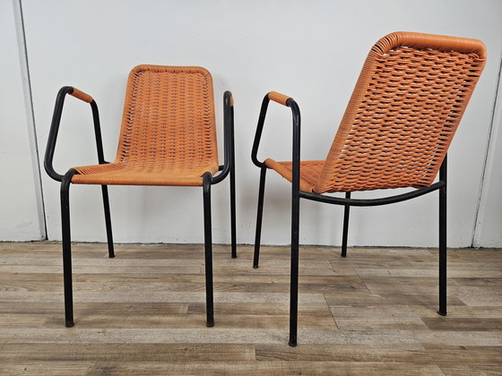 Image 1 of Chaises de bar des années 1960 en fer et plastique tissé orange