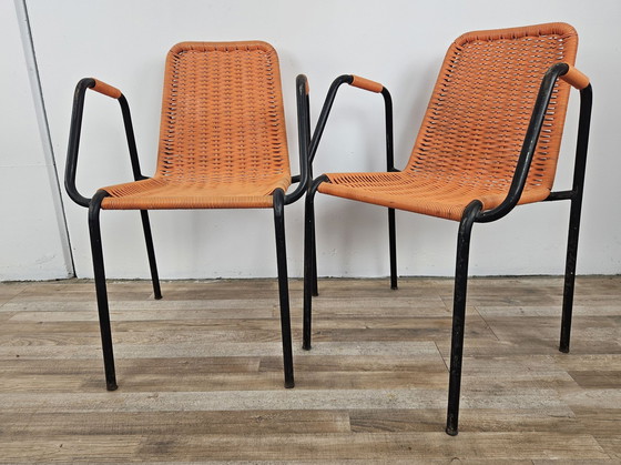 Image 1 of Chaises de bar des années 1960 en fer et plastique tissé orange