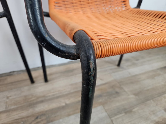 Image 1 of Chaises de bar des années 1960 en fer et plastique tissé orange