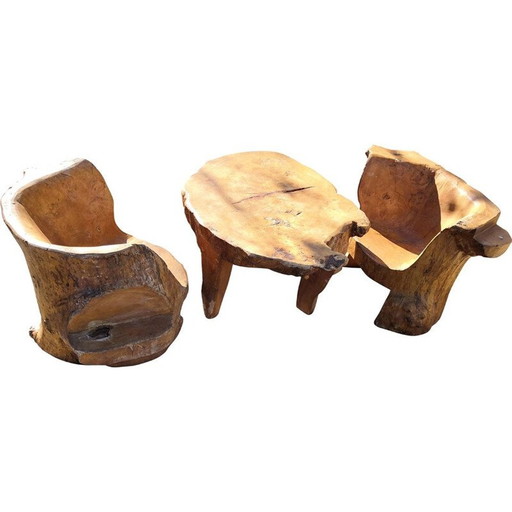 Ensemble de salon vintage brutaliste en bois d'orme, 1950