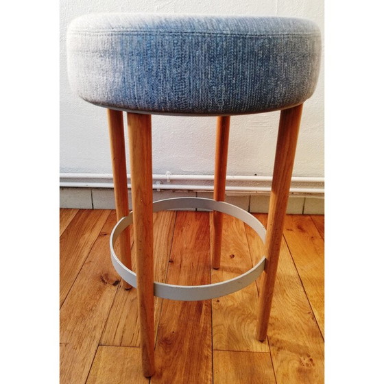 Image 1 of Tabouret vintage en bois et tissu bleu