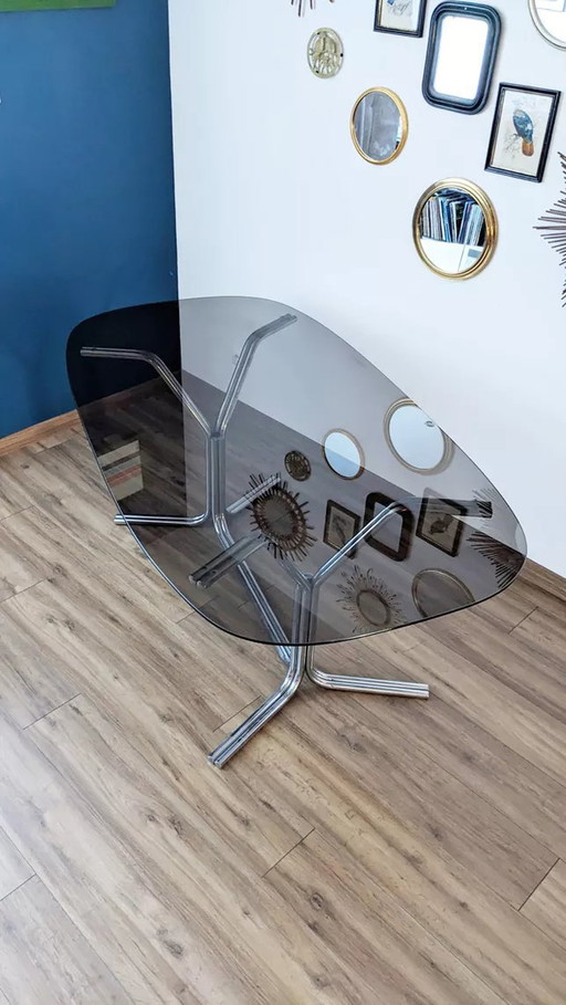 Grande Table à Manger Chrome et Verre Fumé par Gaston Rinaldi