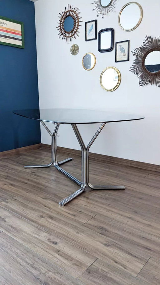 Grande Table à Manger Chrome et Verre Fumé par Gaston Rinaldi