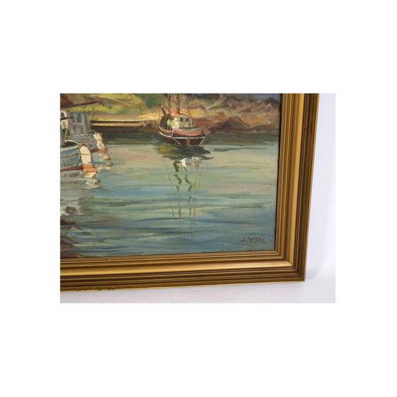 Image 1 of Peinture à l'huile d'époque représentant des bateaux de pêche près du rivage, 1930