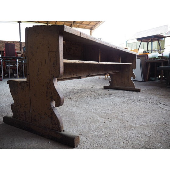 Image 1 of Long banc d'école ancien en bois avec peinture d'origine, Tchécoslovaquie, années 1930