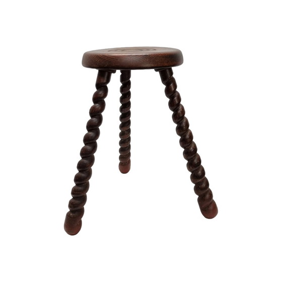 Image 1 of Tabouret tripode vintage en hêtre français, années 1950/60.