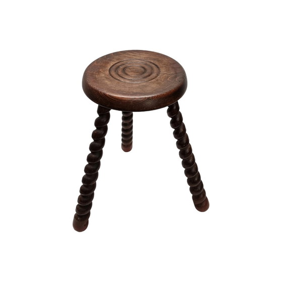 Image 1 of Tabouret tripode vintage en hêtre français, années 1950/60.
