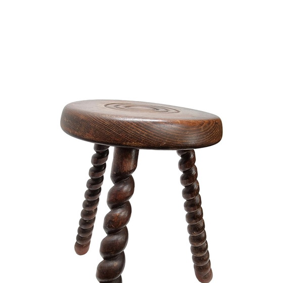 Image 1 of Tabouret tripode vintage en hêtre français, années 1950/60.