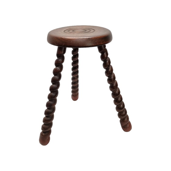 Image 1 of Tabouret tripode vintage en hêtre français, années 1950/60.