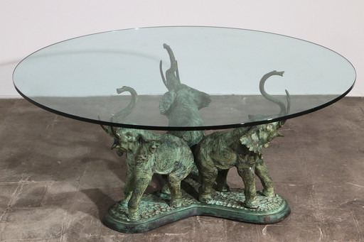 Magnifique table à éléphant en bronze des années 70 avec plateau en verre