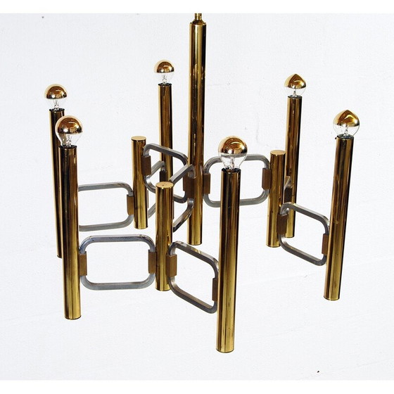 Image 1 of Lustre vintage en laiton poli et chrome par Gaetano Sciolari, Italie 1970
