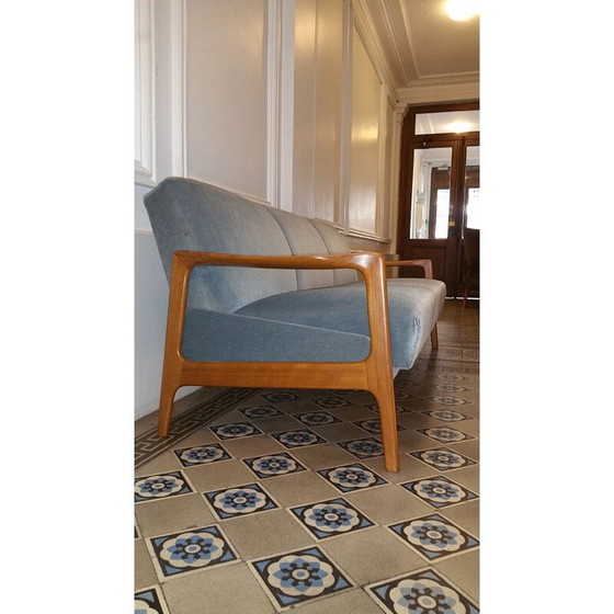 Image 1 of Lit de jour vintage en teck et velours bleu