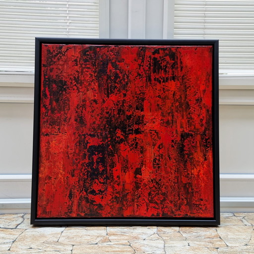 Frances Eckhardt - Peinture abstraite rouge 60x60 cm + cadre