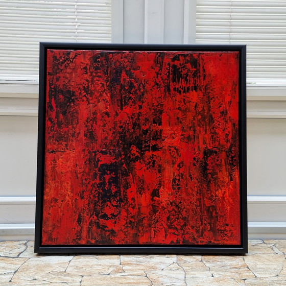 Image 1 of Frances Eckhardt - Peinture abstraite rouge 60x60 cm + cadre