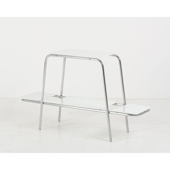 Image 1 of Table d'appoint vintage Bauhaus chromée avec verre opaxite blanc 1930s