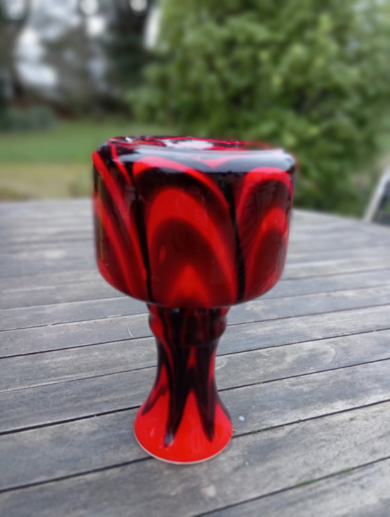 Image 1 of Vase Opaline Soufflé Marbrée Rouge/Noir Italie Empoli, Pop Art,1970