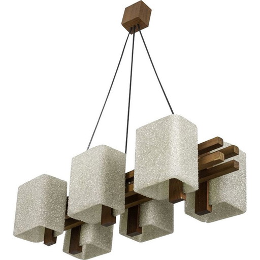 Lampe suspendue vintage en bois et résine granitée, 1950