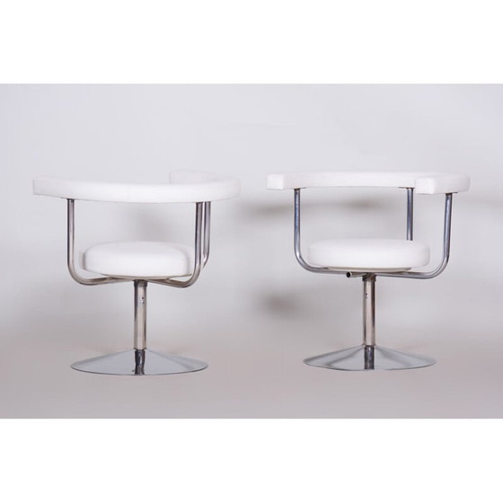 Image 1 of Paire de fauteuils pivotants en cuir blanc et acier, années 1940