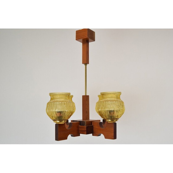 Image 1 of Lustre en verre et bois du milieu du siècle, Tchécoslovaquie, années 1980