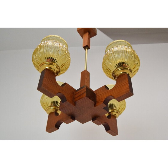 Image 1 of Lustre en verre et bois du milieu du siècle, Tchécoslovaquie, années 1980