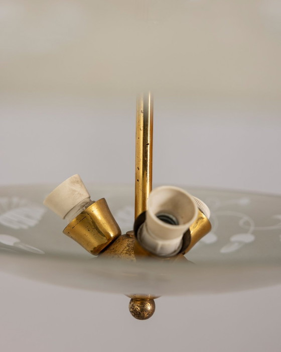 Image 1 of Lustre Vintage 1940S en Cristal Décoré et Laiton Design Italien