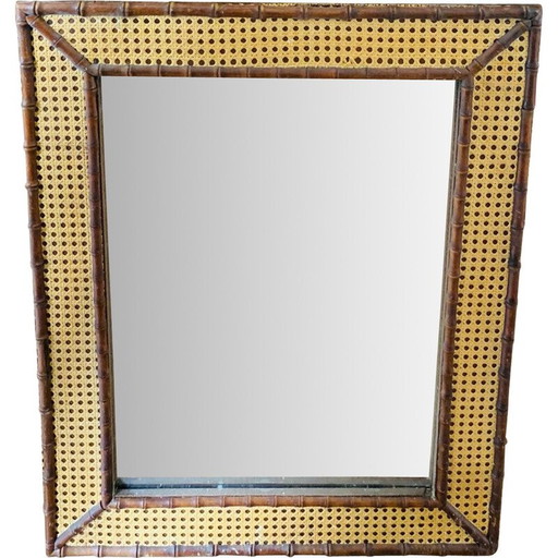 Miroir vintage en bois et rotin