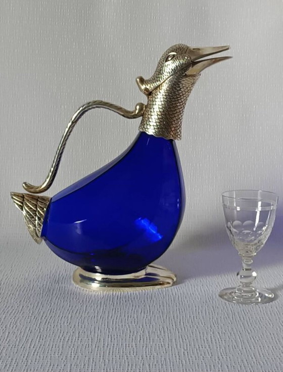 Image 1 of Carafe Zoomorphe En Verre Et Métal Argenté Xxème 