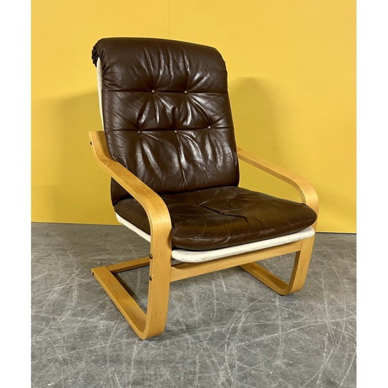 Image 1 of Fauteuil vintage scandinave en bois et cuir, 1970