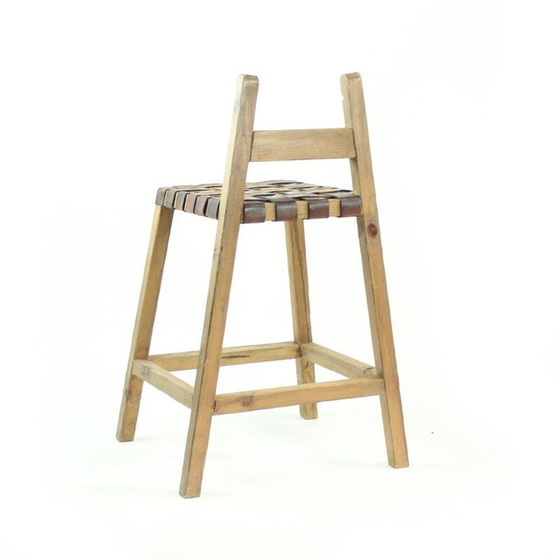 Image 1 of Tabouret de bar vintage en bois et cuir, Tchécoslovaquie, années 1950