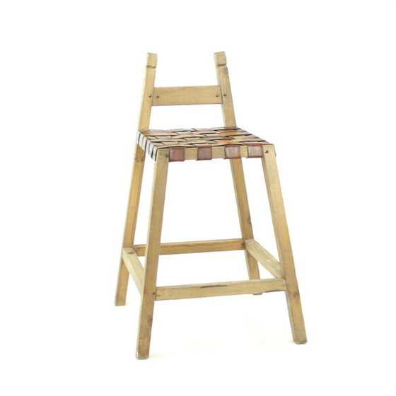 Image 1 of Tabouret de bar vintage en bois et cuir, Tchécoslovaquie, années 1950
