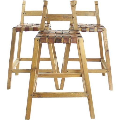 Tabouret de bar vintage en bois et cuir, Tchécoslovaquie, années 1950