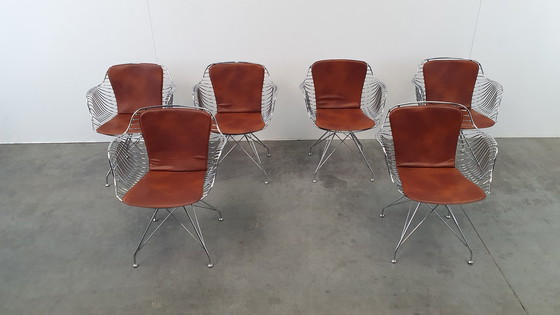 Image 1 of 6 Design Wire Chairs Chrome With Cognac Seat Pads