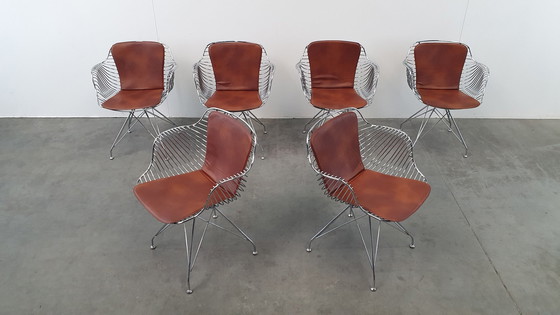 Image 1 of 6 Design Wire Chairs Chrome With Cognac Seat Pads