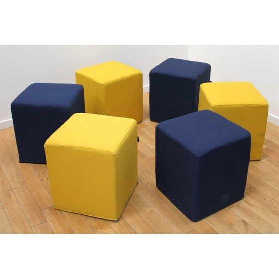 Image 1 of Ensemble de 6 poufs vintage en tissu bleu et jaune pour Softline