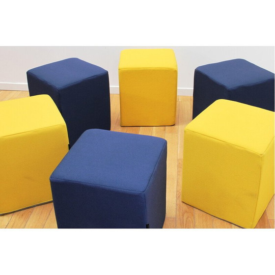 Image 1 of Ensemble de 6 poufs vintage en tissu bleu et jaune pour Softline