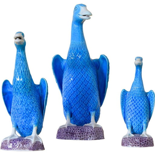 Ensemble de 3 canards en porcelaine chinoise turquoise, 1950
